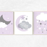 Nursery decor girl purple, girl nursery wall decor, lilac, lavender, nursery prints girl, nursery prints girl, moon nursery, purple nursery