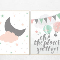 Coral mint nursery, gender neutral, Oh the places you'll go, coral teal nursery, nursery decor girls, baby room decor, twin nursery wall art