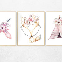 Nursery decor girl boho, nursery decor girl woodland, nursery wall art, nursery wall decor girl, fox print, nursery prints girl adventure