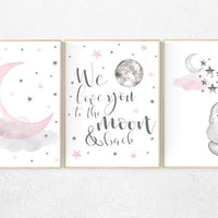 Nursery decor girl pink and gray, elephant nursery, we love you to the moon and back, cloud, moon and stars, pink grey nursery, girl nursery