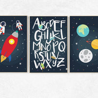 Outer space nursery Art Set, alphabet nursery, set of 3 prints, modern nursery decor, Boy, kid room decor rocket ship, baby boy nursery