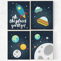 Space nursery decor, oh the places you'll go, outer space nursery wall art, space themed nursery, boys room decor, planet nursery, navy