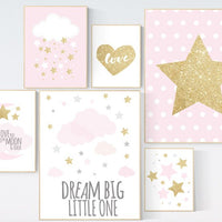 Nursery decor girl pink and gold, stars nursery decor, dream big little one, pink gold nursery print, moon and back, cloud and stars, pink