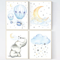 Nursery wall art elephant, nursery decor hot air balloons, cloud nursery decor, Nursery decor neutral, moon and stars nursery gender neutral
