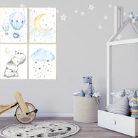 Nursery wall art elephant, nursery decor hot air balloons, cloud nursery decor, Nursery decor neutral, moon and stars nursery gender neutral