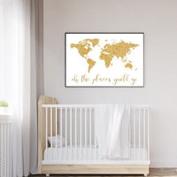 Oh the places you will go, world map, gold nursery print, baby girl nursery room decor, world map, glitter, oh the places you'll go, gold