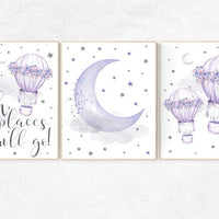 Nursery decor girl purple, cloud and stars, oh the places you'll go, lavender nursery art, lilac nursery decor, hot air balloon nursery