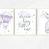 Nursery decor girl purple, cloud and stars, hot air balloons, lavender nursery, lilac nursery decor, hot air balloon, dream big little one