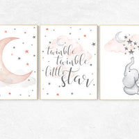 Nursery decor elephant, Nursery decor girl coral, twinkle twinkle little star, cloud and stars, moon and stars nursery, coral and gray