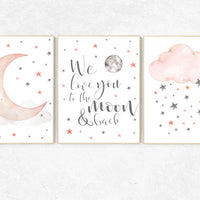 Nursery decor girl coral, we love you to the moon and back, cloud and stars, moon and stars nursery, coral and gray, coral nursery
