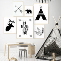 Black and white nursery, Tribal nursery decor, nursery decor woodland, nursery decor adventure, gender neutral, be brave little one, deer