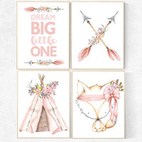 Nursery decor girl woodland, nursery decor woodland, nursery prints girl, girls room decor flowers, dream big little one, tribal nursery