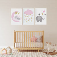 We love you to the moon and back, pink gold nursery, elephant nursery, cloud nursery wall art, pink and gold baby shower, baby girl nursery