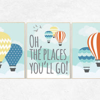 Oh the places you will go nursery, hot air balloon nursery, set of 3 prints, Baby decor nursery art, oh the places you will go wall art gift