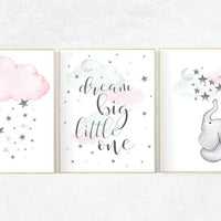 Nursery decor elephant, pink mint nursery decor, pink teal nursery, mint green, pink and mint nursery wall art, dream big little one, aqua