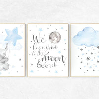 Elephant nursery, Blue and gray, we love you to the moon and back, Nursery decor boy, nursery decor, boys room, clouds and stars, blue grey