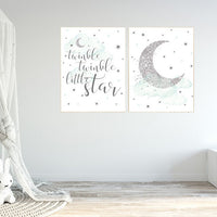 Nursery decor neutral, Mint and gray nursery, mint nursery, gray nursery prints, cloud and star nursery wall art twinkle twinkle little star