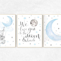 Elephant nursery, Blue and gray, we love you to the moon and back, Nursery decor boy, nursery decor, boys room, clouds and stars, blue grey