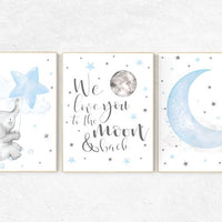 Elephant nursery, Blue and gray, we love you to the moon and back, Nursery decor boy, nursery decor, boys room, clouds and stars, blue grey
