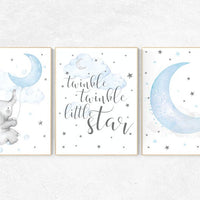 Nursery decor boy, nursery decor boy elephant, nursery wall art boy, twinkle twinkle little star, cloud and raindrops elephant nursery print