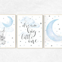 Elephant nursery, dream big little one, Blue and gray, Nursery decor boy, nursery decor, boys room decor, , clouds and stars, blue grey