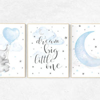 Elephant nursery, dream big little one, Blue and gray, Nursery decor boy, nursery decor, boys room decor, , clouds and stars, blue grey