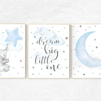 Nursery wall art boy, Elephant nursery, dream big little one, Blue and gray, Nursery decor boy, boys room decor, clouds and stars, blue grey