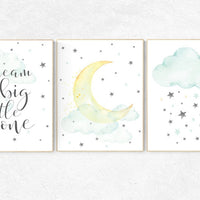 Mint and yellow nursery, moon and stars nursery, nursery decor girl wall art, dream big, teal and yellow, nursery decor boy teal, cloud