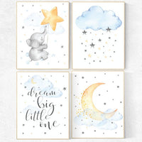 GENDER NEUTRAL Nursery decor, elephant nursery, blue yellow, dream big little one, cloud, moon and stars nursery, star nursery, twin nursery