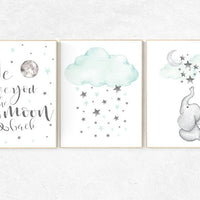 Elephant nursery, we love you to the moon and back, Mint nursery decor, nursery decor neutral, nursery decor boy teal, cloud and star