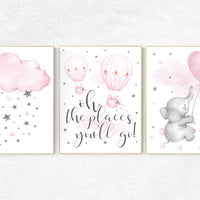 Nursery decor girl elephant, hot air balloon, pink and grey, cloud and stars, oh the places you'll go, nursery wall art, pink and gray