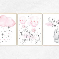 Nursery decor girl elephant, pink grey nursery, pink gray, hot air balloon, cloud, moon and stars, nursery wall art, girl nursery ideas