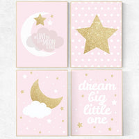 Pink and gold nursery decor, pink gold nursery wall art, nursery decor girl, star nursery, dream big, girls room decor gold, moon and back