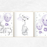 Nursery decor girl purple, nursery decor elephant, Nursery decor girl lavender and gray, oh the places you'll go, lilac, hot air balloons