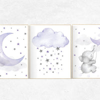 Elephant nursery, Nursery decor girl purple, nursery decor girl lavender and gray, lilac nursery, purple nursery, cloud, moon and stars