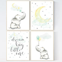 Mint and yellow nursery, nursery decor elephant, nursery prints, elephant nursery art, dream big little one, mint and yellow, balloon