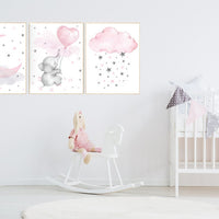 Nursery decor girl pink and gray, elephant nursery, nursery decor girl pink, pink and grey, cloud and stars, pink nursery, pink gray nursery