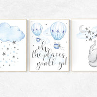 Nursery decor elephant, Nursery decor boy hot air balloon, oh the places you'll go, hot air balloon nursery, blue and gray nursery, elephant
