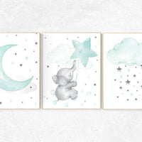 Nursery decor neutral, Nursery decor turquoise, Nursery decor elephant, Mint nursery decor, aqua nursery art, mint green, cloud and star