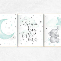 Mint nursery decor, nursery decor elephant, dream big little one, gender neutral nursery, cloud and star nursery, mint green nursery