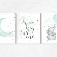 Nursery decor elephant, dream big little one, gender neutral nursery, Mint nursery decor, cloud and star nursery mint green nursery wall art