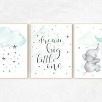 Nursery decor elephant, mint green nursery, dream big little one, nursery wall art animals, cloud and raindrops, nursery wall art teal