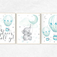 Mint nursery decor, nursery decor elephant, hot air balloon, gender neutral nursery, oh the places you'll go, mint green nursery wall art