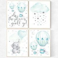 Mint nursery decor, nursery decor elephant, hot air balloon, gender neutral nursery, oh the places you'll go, mint green nursery wall art