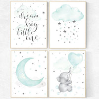Nursery decor elephant, Mint nursery, gender neutral nursery, dream big little one, nursery decor woodland, animals, moon nursery art, cloud