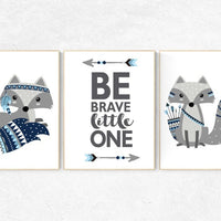 Nursery decor woodland, fox nursery art, be brave little one, tribal nursery, navy grey, woodland nursery wall art, Woodland Animal