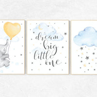 Nursery wall art elephant, dream big little one, cloud nursery decor, Nursery decor neutral, moon and stars, gender neutral nursery prints