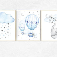 Nursery decor elephant, Nursery decor boy hot air balloon, hot air balloon nursery, blue and gray nursery, elephant, boys room decor, gray