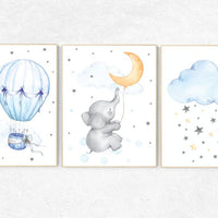Nursery decor neutral, nursery wall art elephant, hot air balloon, cloud nursery decor, star and moon nursery wall art, gender neutral