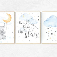 Nursery wall art elephant, nursery decor neutral, twinkle twinkle little star, cloud and stars, baby room art moon and stars, gender neutral